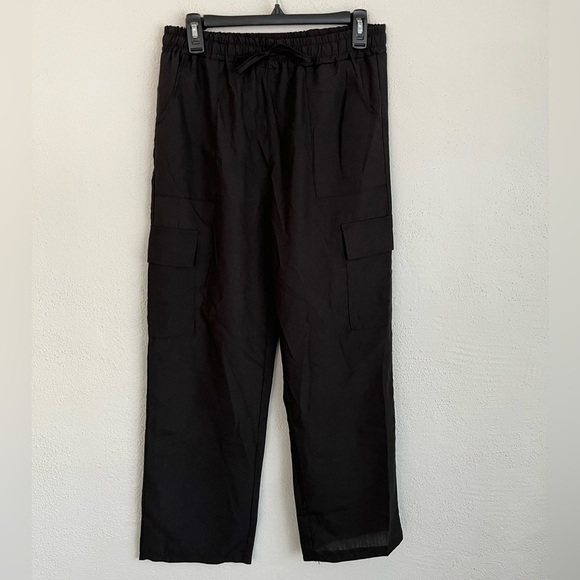 Foral Blooming Woman Black Tie-Waist Pocket Straight Leg Pants, Size L - Picture 1 of 4